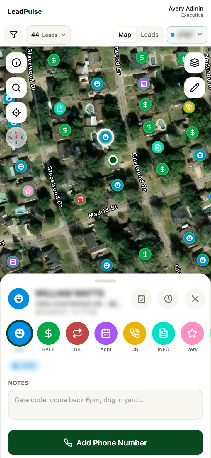 LeadPulse live lead map with a lead's detail sheet open