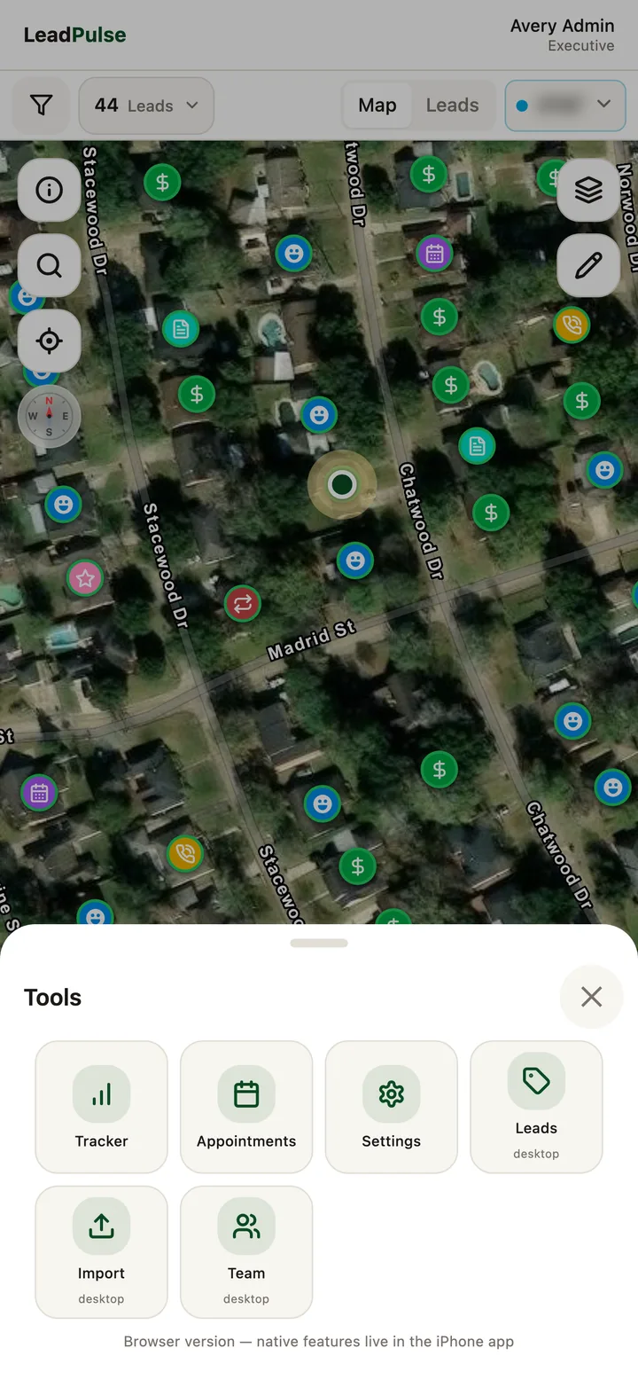 LeadPulse tools panel over the map